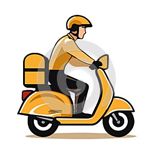 Delivery man riding a yellow scooter isolated on white background. Food delivery man. Cartoon style. Vector illustration