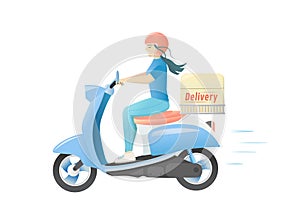 Delivery man on scooter isolated on white background. Online food delivery service. Shipping. Woman on the bike.