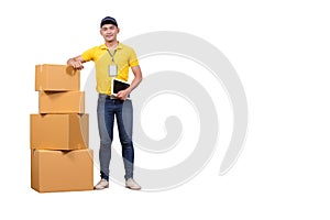 Delivery man service with box shipping in yellow uniform