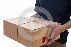 Delivery man service sent a package box. isolated white background photo