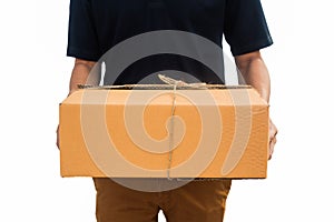Delivery man service sent a package box. isolated white background
