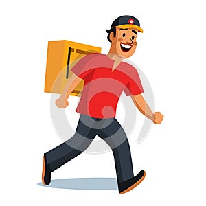 Delivery man smiling, walking quickly delivering package. Cartoon character uniform, red shirt