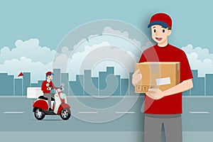 Delivery man stand and holding a goods parcel in front of a delivery motorbike that going to fast express, deliver food or product