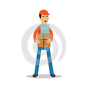 Delivery man standing and holding boxes, courier in uniform at work cartoon character vector Illustration