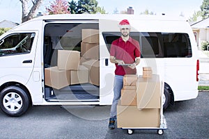 Delivery man with van and package