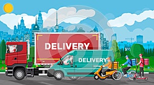 Delivery man on van truck, scooter, bicycle