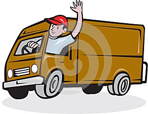 Delivery Man Waving Driving Van Cartoon