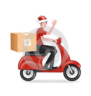 Delivery man wearing a Santa hat and sitting on scooter and waving