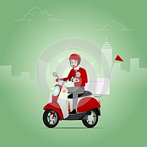 The delivery man who wear a helmet riding a scooter, motorcycle, to send the goods from the shipping company to deliver to the cus