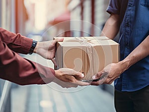 a delivery man in a work uniform delivers a postal package