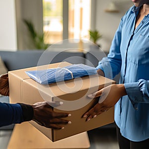 a delivery man in a work uniform delivers a postal package