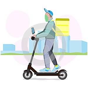 Delivery man with yellow backpack on a scoote