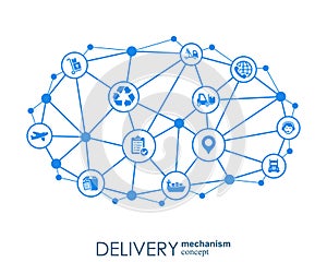 Delivery mechanism concept. Abstract background with connected gears and icons for logistic, service, strategy, shipping