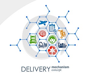 Delivery mechanism concept. Abstract background with connected gears and icons for logistic, service, strategy, shipping