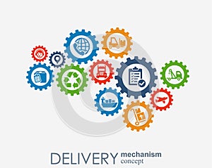 Delivery mechanism concept. Abstract background with connected gears and icons for logistic, service, strategy, shipping