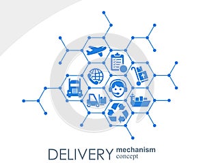Delivery mechanism concept. Abstract background with connected gears and icons for logistic, service, strategy, shipping