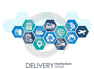 Delivery mechanism concept. Abstract background with connected gears and icons for logistic, service, strategy, shipping