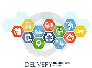 Delivery mechanism concept. Abstract background with connected gears and icons for logistic, service, strategy, shipping