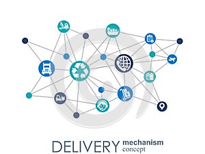 Delivery mechanism concept. Abstract background with connected gears and icons for logistic, service, strategy, shipping