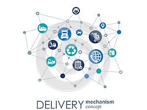 Delivery mechanism concept. Abstract background with connected gears and icons for logistic, service, strategy, shipping