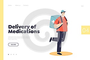 Delivery of medications landing page concept with courier man delivering drugs from drugstore