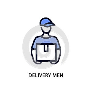 Delivery men line flat icon blue color. Vector illustration a man in a cap holds a box in his hands. Postman. Express