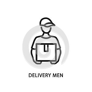 Delivery men line flat icon. Vector illustration a man in a cap holds a box in his hands. Postman. Express delivery to