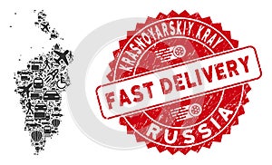 Delivery Mosaic Krasnoyarskiy Kray Map with Distress Fast Delivery Stamp Seal