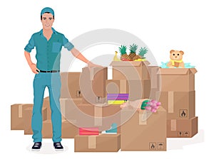 Delivery move service man near craft boxes. Cargo concept vector illustration.