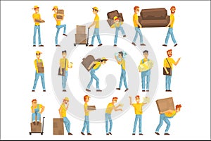 Delivery And Moving Company Employees Carrying Heavy Objects, Delivering Shipments Helping With Resettlement Set OF photo