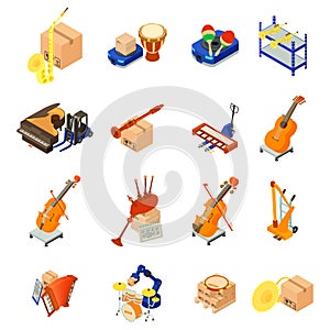 Delivery musical instrument icons set, isometric style