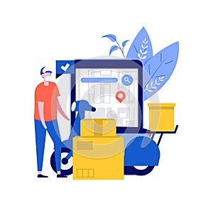 Delivery online services concept with smartphone, parcel box, pin, courier and scooter during covid-19. Modern vector illustration