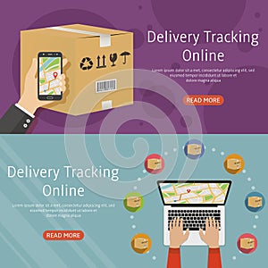 Delivery online tracking two horizontal background web banners flat vector illustration