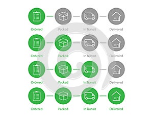 Delivery order status. Shipping process steps in green color. Shipment tracking mao. Set of parcel infographic. Ordered, packed,