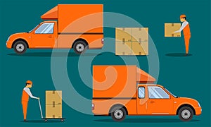 Delivery organge pickup cab car with man hole the box case crate packing vector illustration eps10