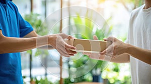 The delivery of a package between a courier and a customer at home..AI generated image