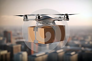 delivery of a package by drone in a city, AI generated