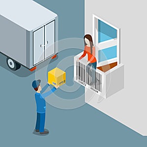 Delivery package home door box deliveryman customer flat vector