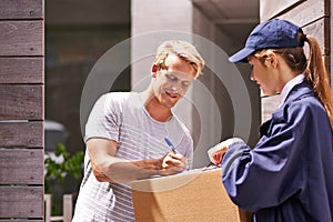 Delivery, package and man sign documents, forms and application for receipt, parcel and box. Online shopping, ecommerce