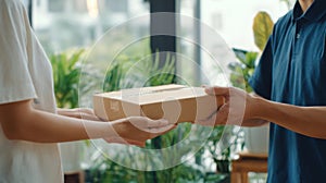 The delivery of a package in a modern home environment with greenery..AI generated image