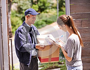 Delivery, package and woman sign documents, forms and application for courier, parcel and box. Online shopping