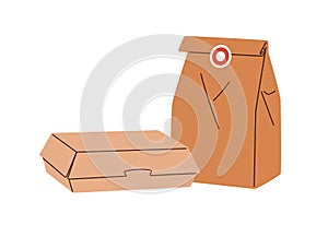 Delivery packages, kraft paper bag and cardboard box. Carton container for retail takeout cafe food, disposable brown