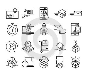 Delivery packaging, cargo distribution, logistic shipment of goods icons set line style design