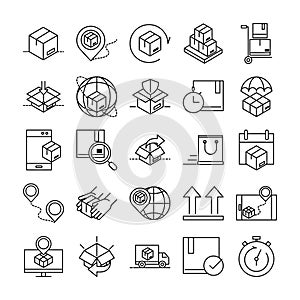 Delivery packaging, cargo distribution, logistic shipment of goods icons set line style design