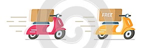 Delivery parcel box via motor scooter bike icon vector graphic illustration set, fast free order cargo shipment red yellow flat