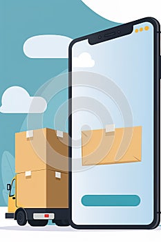 Delivery parcels online service. Smart phone screen for social media