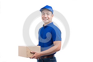 Delivery Person. Asian postman with parcel box. Postal delivery