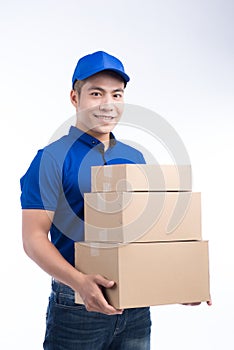 Delivery Person. Asian postman with parcel box. Postal delivery