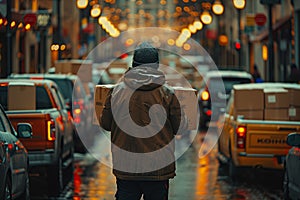 Delivery person carrying boxes in city lights