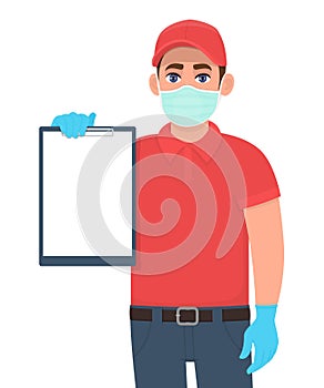 Delivery person or courier in mask and gloves showing blank clipboard. Man holding note pad. Male character design. Corona virus